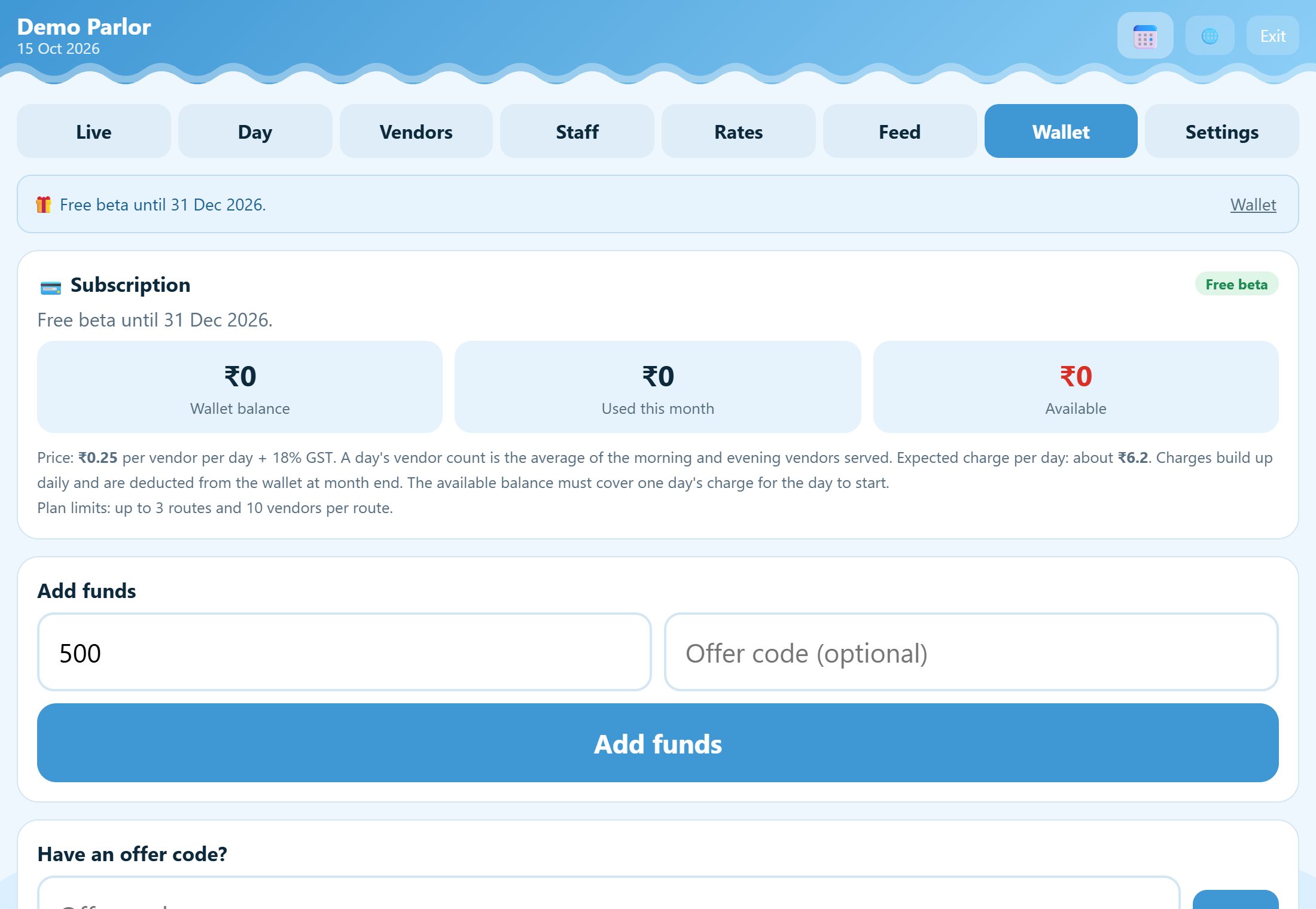 The wallet screen with balance, usage and invoices